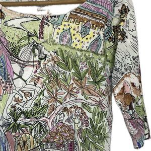 CAREN BROOK Blouse Artsy Watercolor Foliage Horse Beaded 3/4 Sleeve Womens L